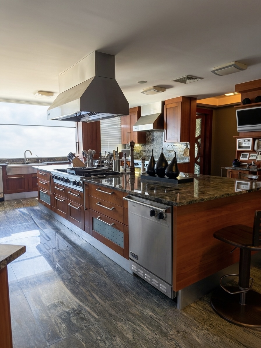 Second kitchen with professional Viking range, granite countertops and panoramic view, ultra-luxury residence Caracas