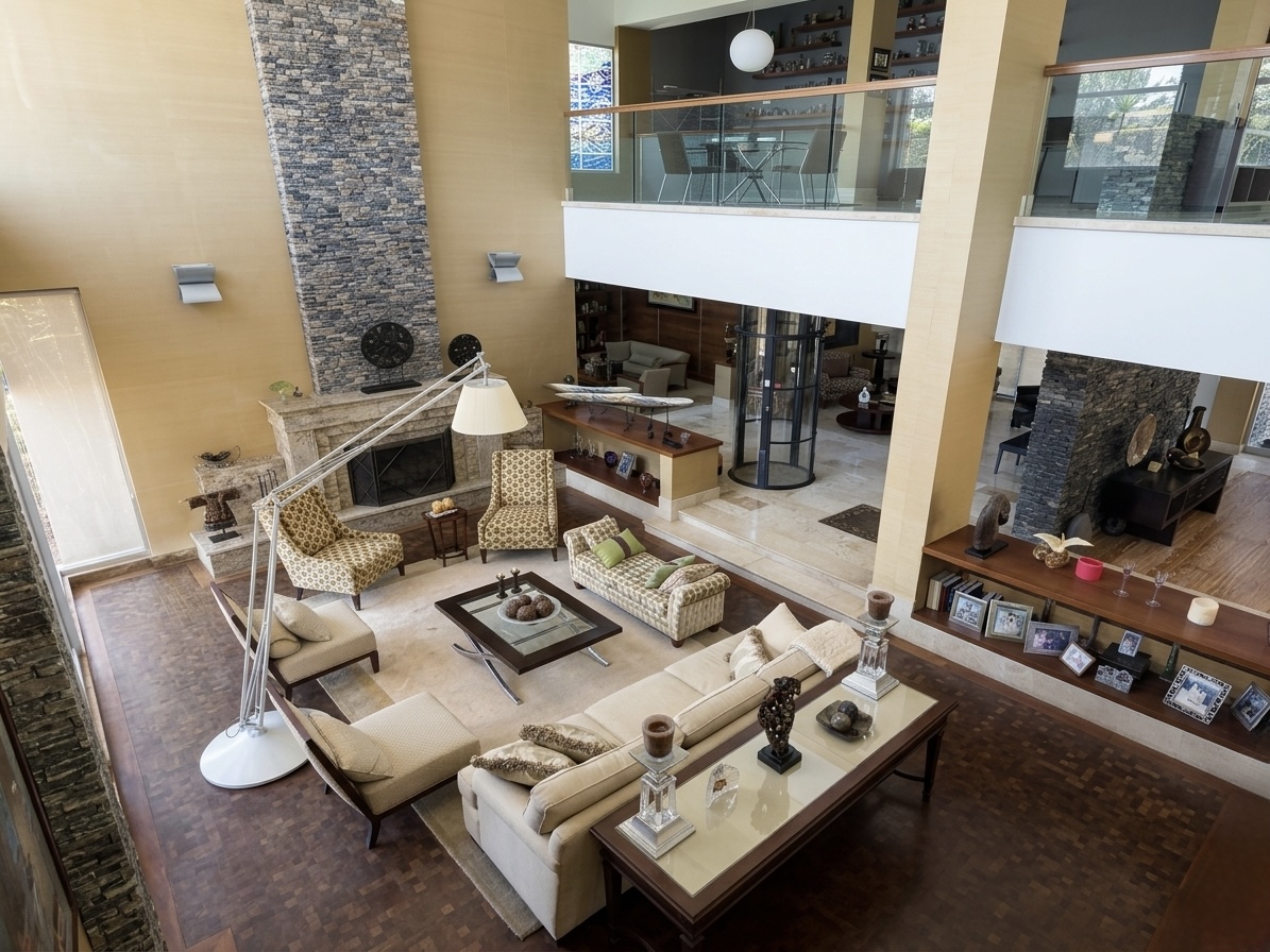 Grand double-height living room with stone fireplace and glass mezzanine balcony, ultra-luxury estate La Trinidad Baruta Caracas